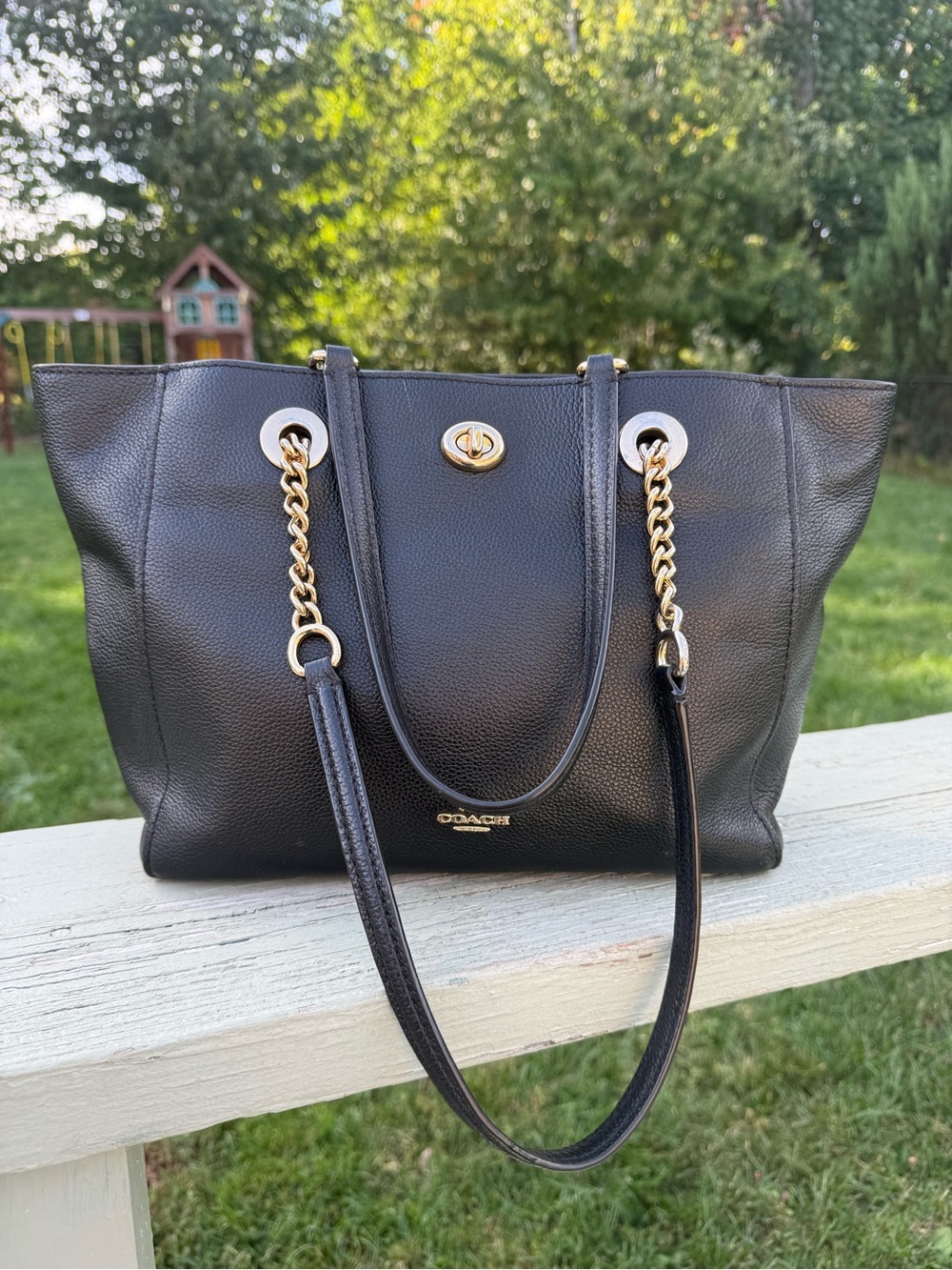 Coach Turnlock Chain Tote 27 in Black Pebbled Leather